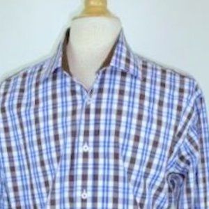 English Laundry Shirt 17 L blue PLAID long sleeve 100% cotton contrast cuff